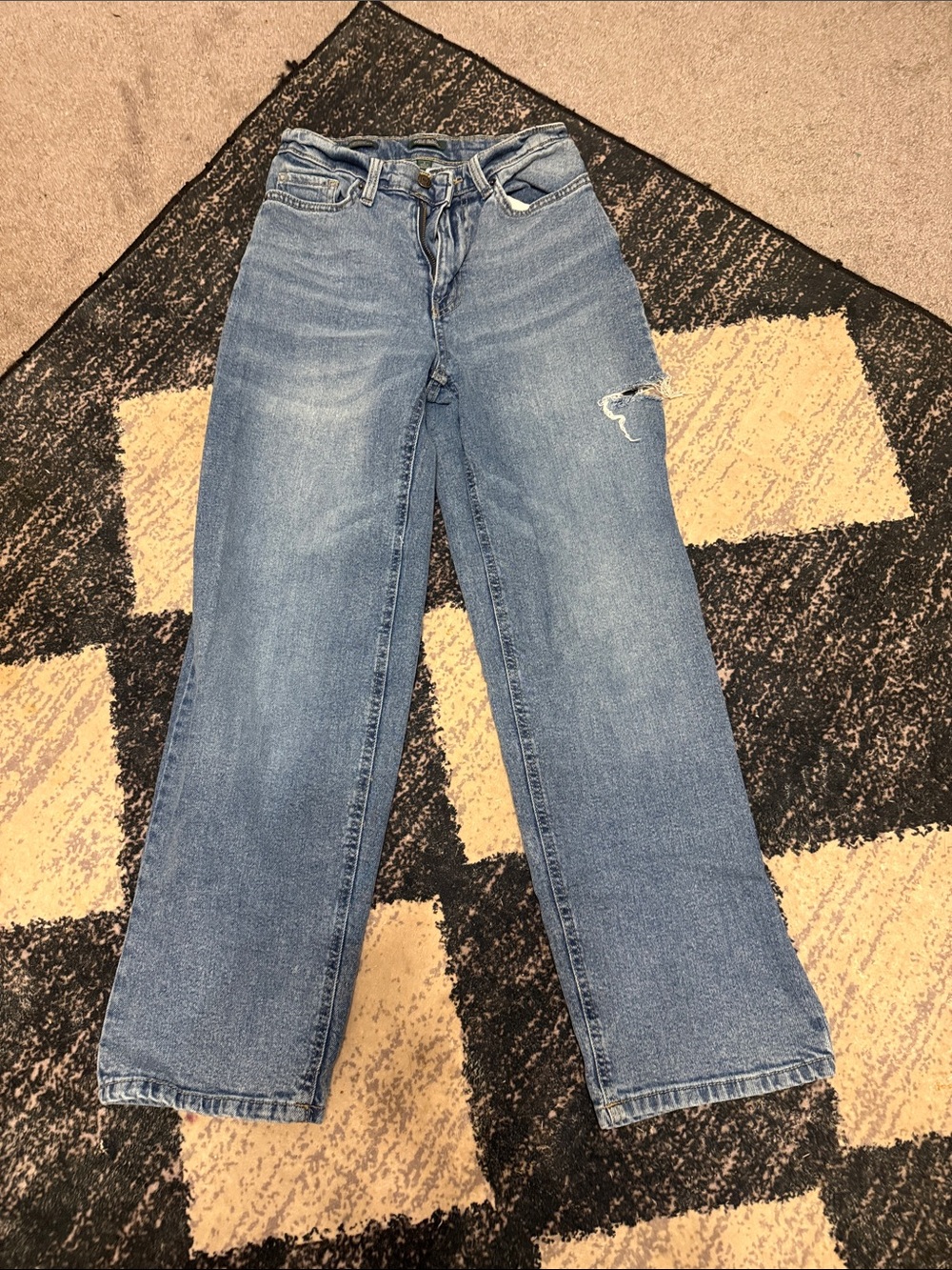 High-Rise Straight Leg side slit Jeans in Blue Wash